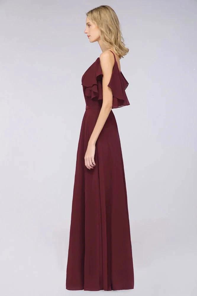 Elgant Ruffles Chiffon Floor-Length Bridesmaid Dress Aline Pearls Sleeveless Wedding Party Dress by misshow.com