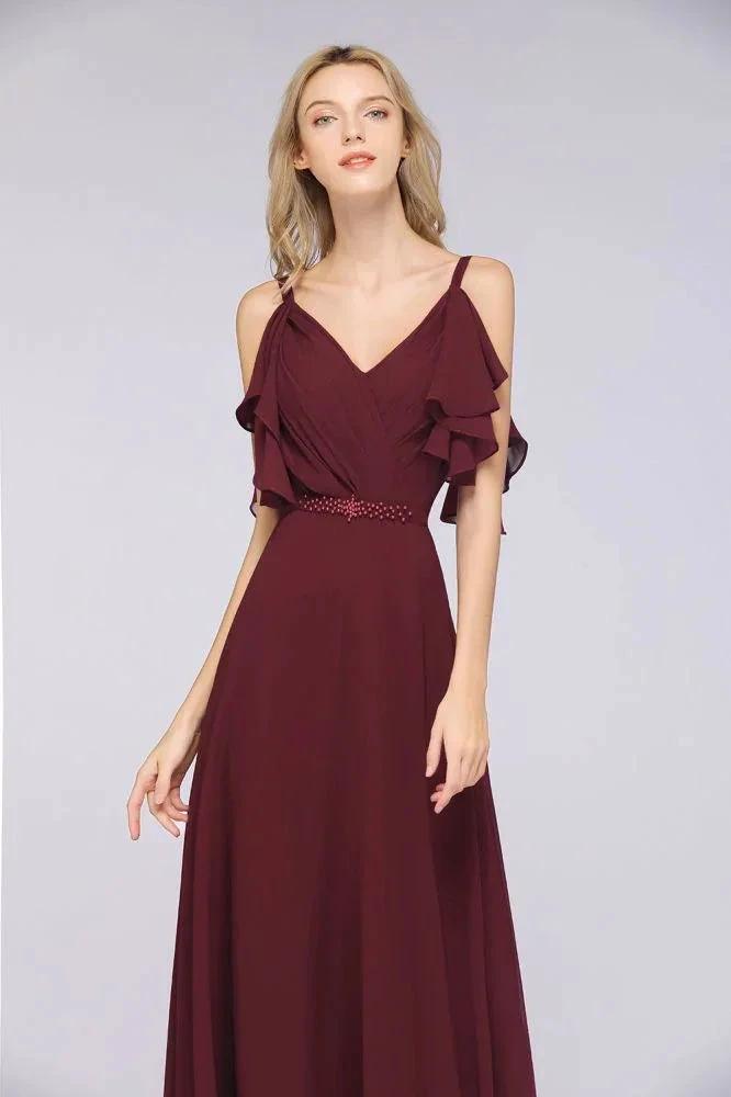 Elgant Ruffles Chiffon Floor-Length Bridesmaid Dress Aline Pearls Sleeveless Wedding Party Dress by misshow.com