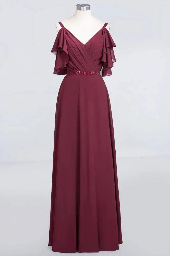 Elgant Ruffles Chiffon Floor-Length Bridesmaid Dress Aline Pearls Sleeveless Wedding Party Dress by misshow.com