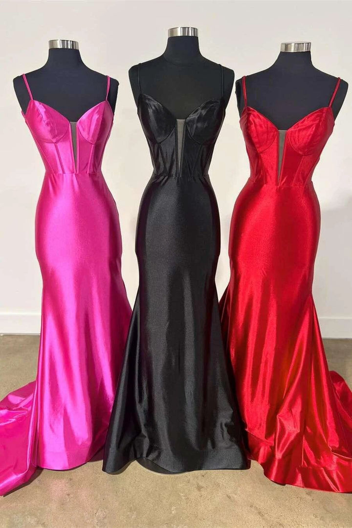 Elori | Plunge Neck Black Satin Mermaid Long Prom Dress by KissProm