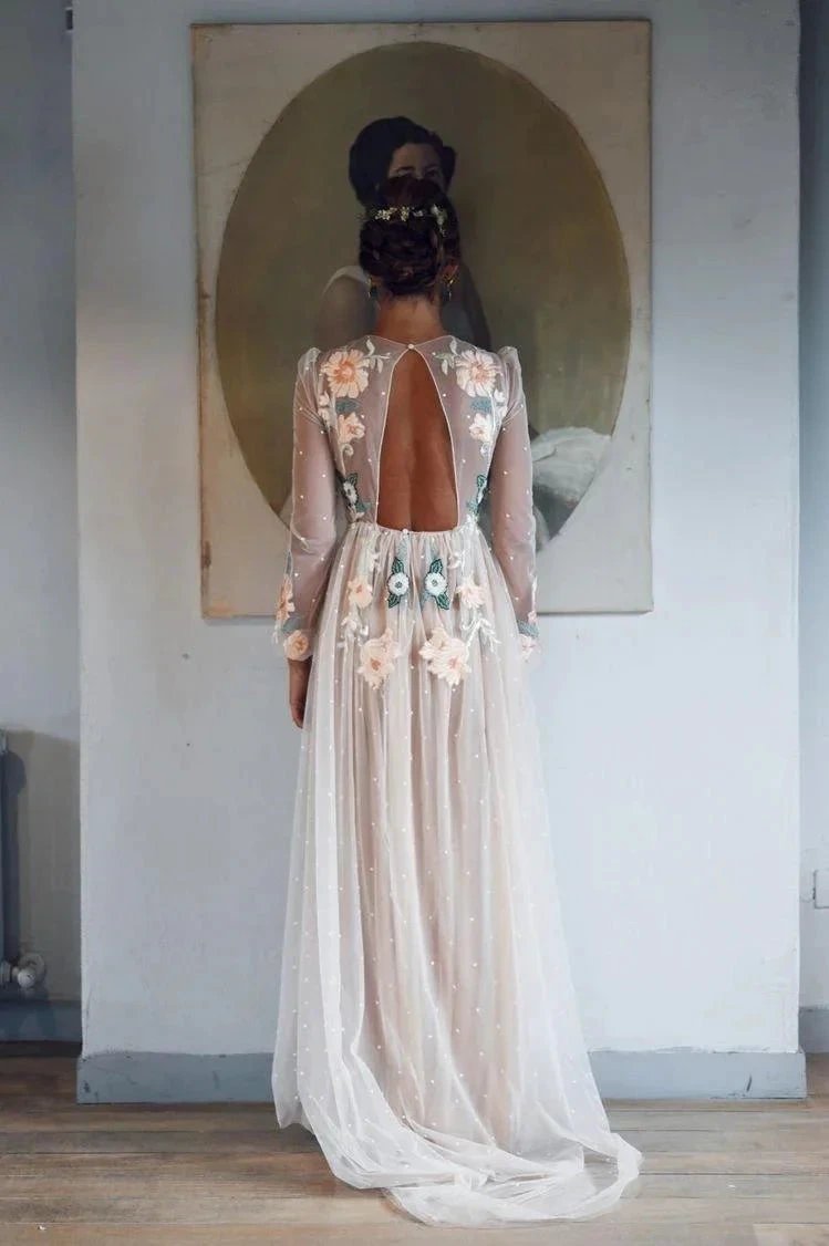 Embroidery A-line Chic Open Back Long Sleeve Sparkly Prom Dress PSK001 by pgmdress