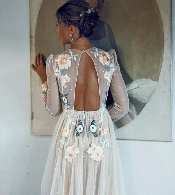 Embroidery A-line Chic Open Back Long Sleeve Sparkly Prom Dress PSK001 by pgmdress