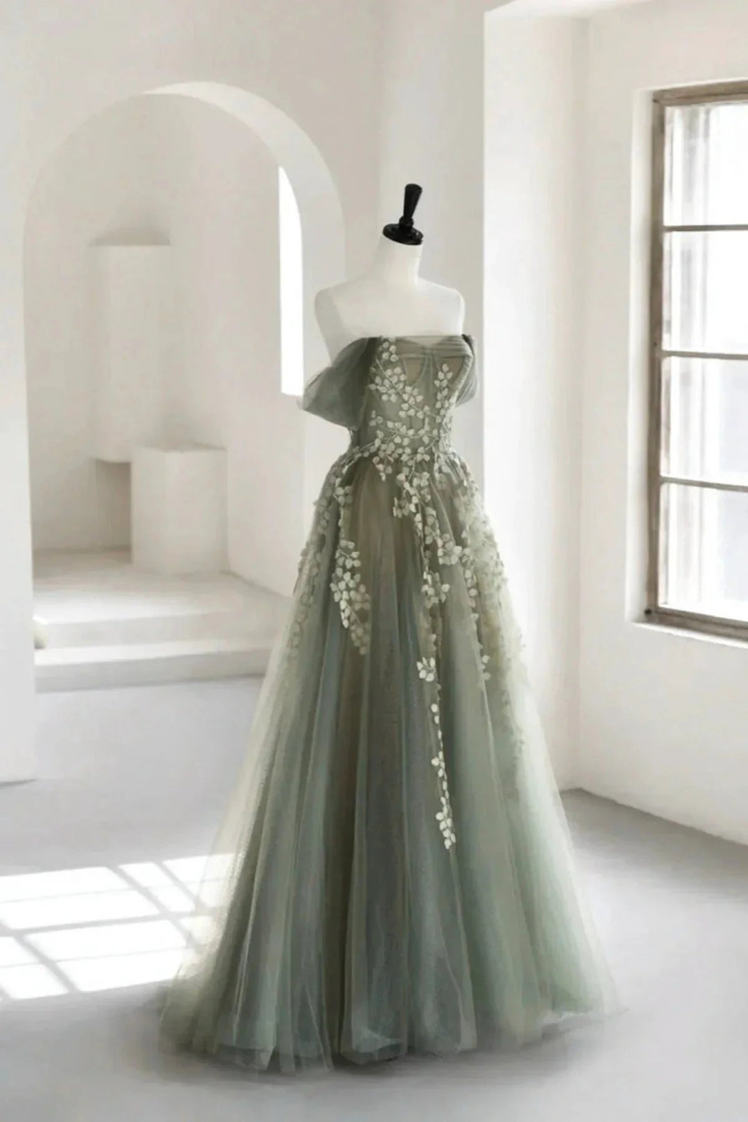 Eosinia | Gray Green Off The Shoulder Tulle Prom Dress With Appliques by KissProm