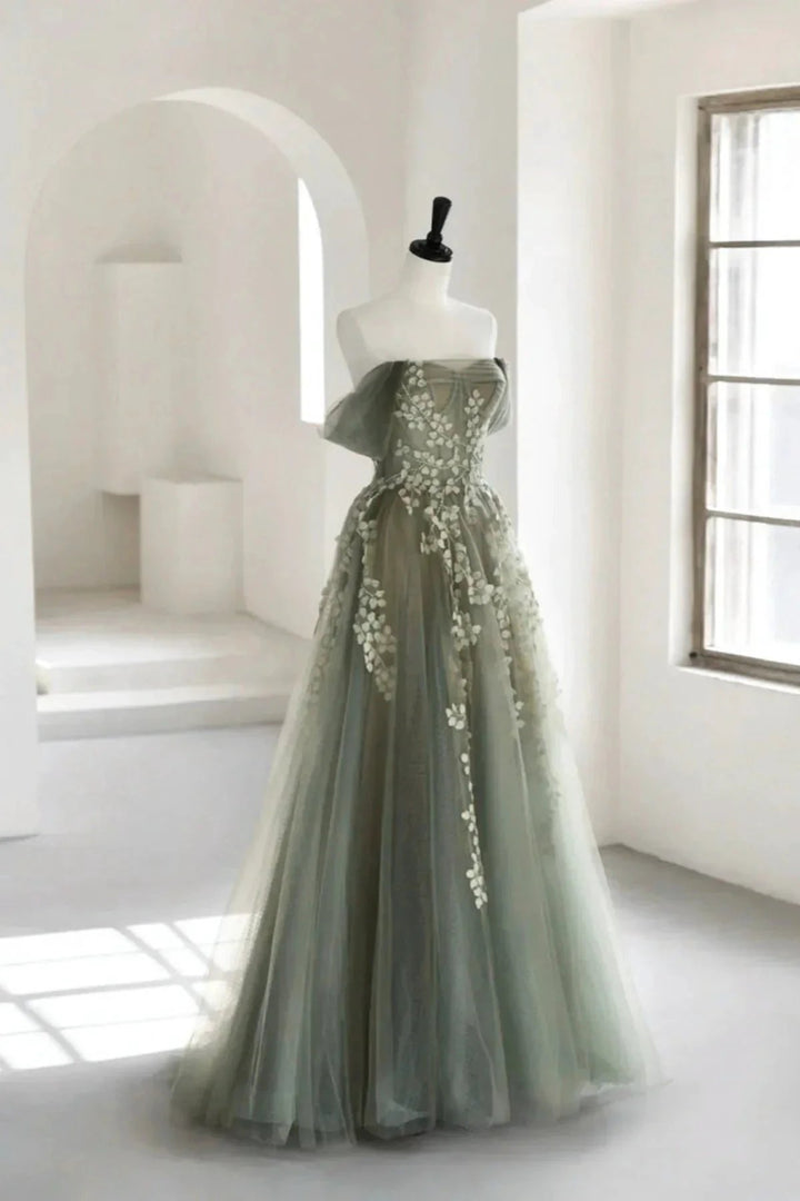 Eosinia | Gray Green Off The Shoulder Tulle Prom Dress With Appliques by KissProm