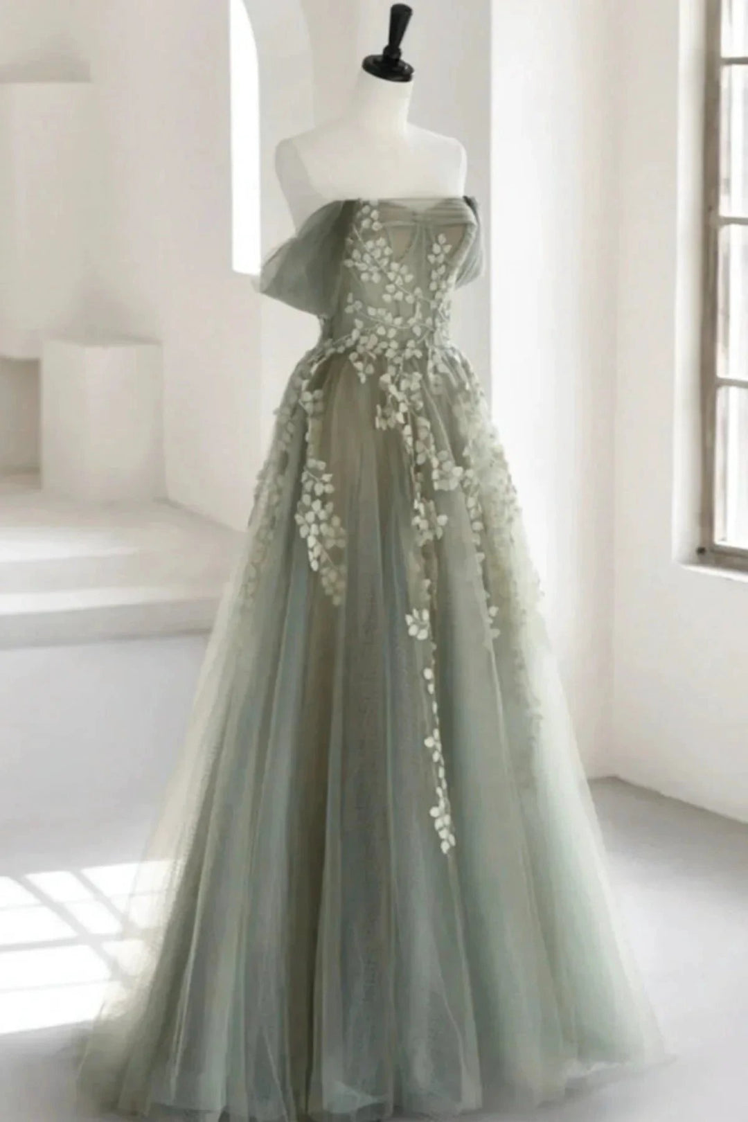 Eosinia | Gray Green Off The Shoulder Tulle Prom Dress With Appliques by KissProm