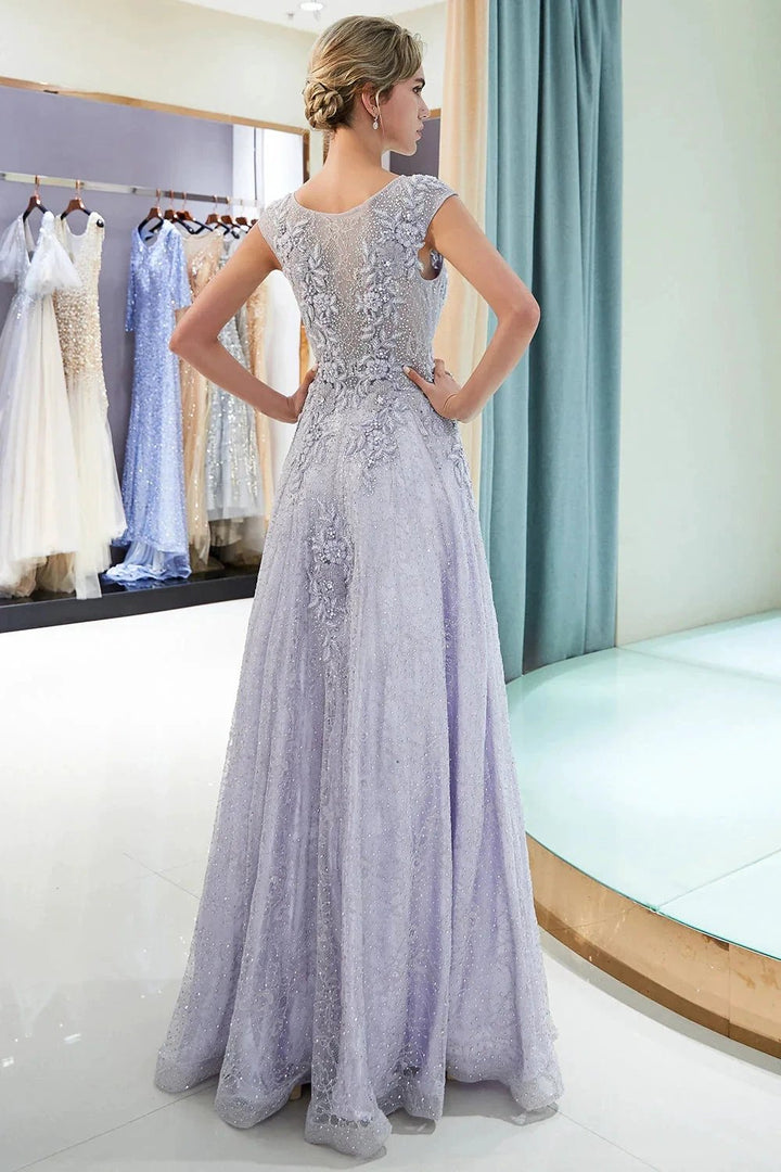 Excellent Long A-line Jewel Tulle Lace Evening Dress by BIZTUNNEL