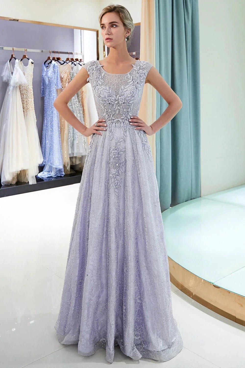 Excellent Long A-line Jewel Tulle Lace Evening Dress by BIZTUNNEL