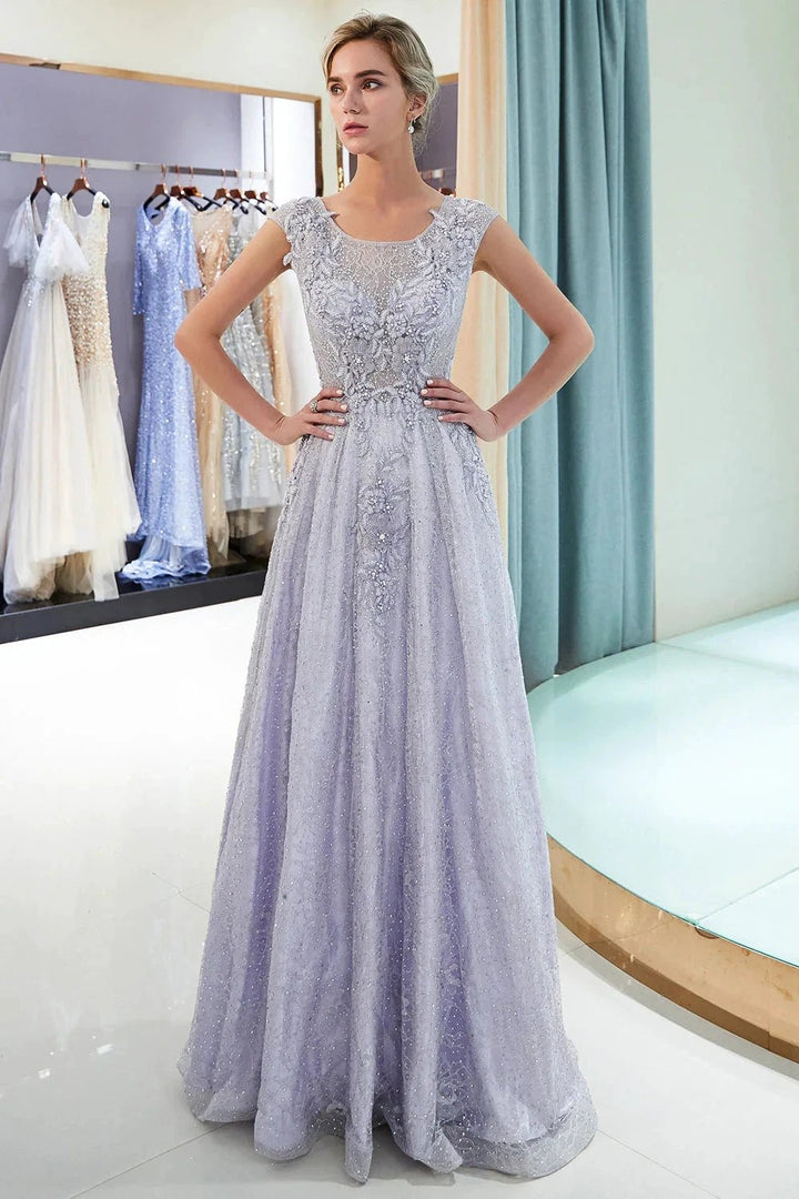 Excellent Long A-line Jewel Tulle Lace Evening Dress by BIZTUNNEL