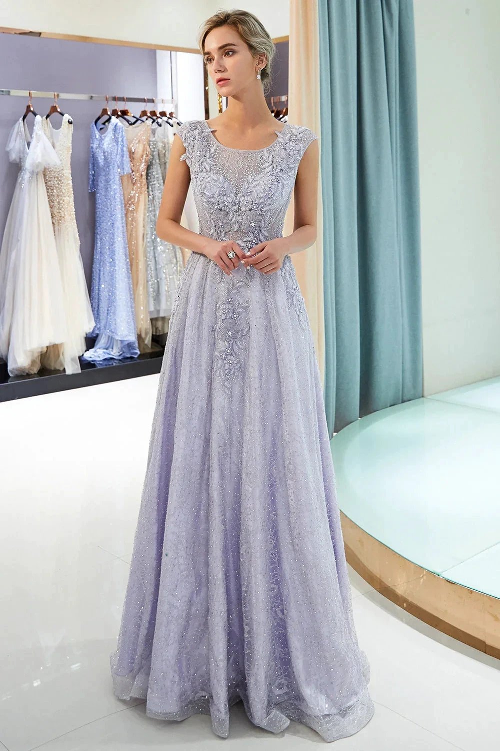 Excellent Long A-line Jewel Tulle Lace Evening Dress by BIZTUNNEL