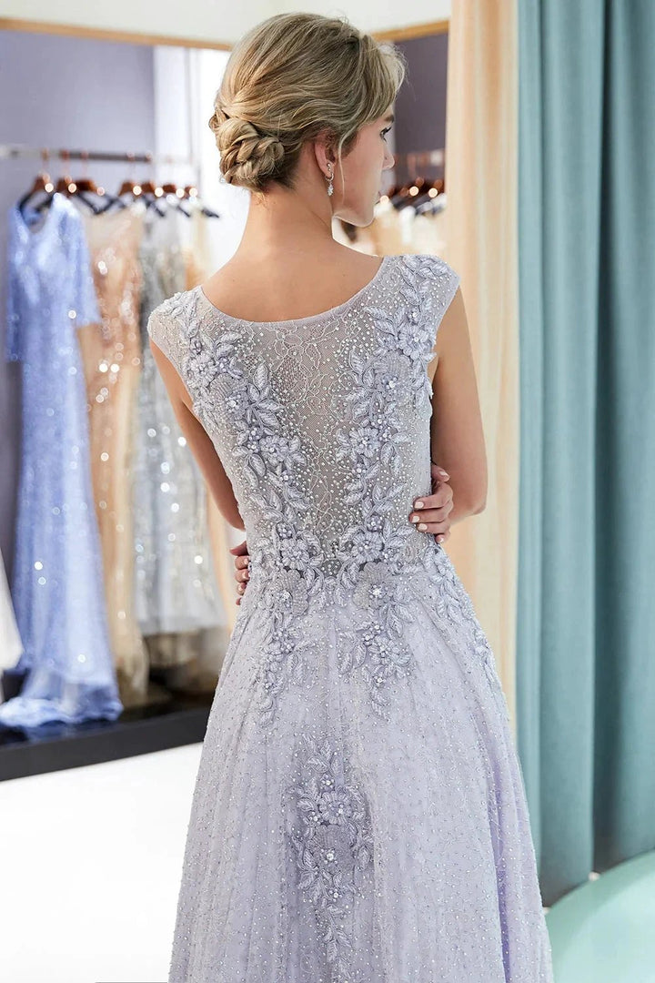 Excellent Long A-line Jewel Tulle Lace Evening Dress by BIZTUNNEL