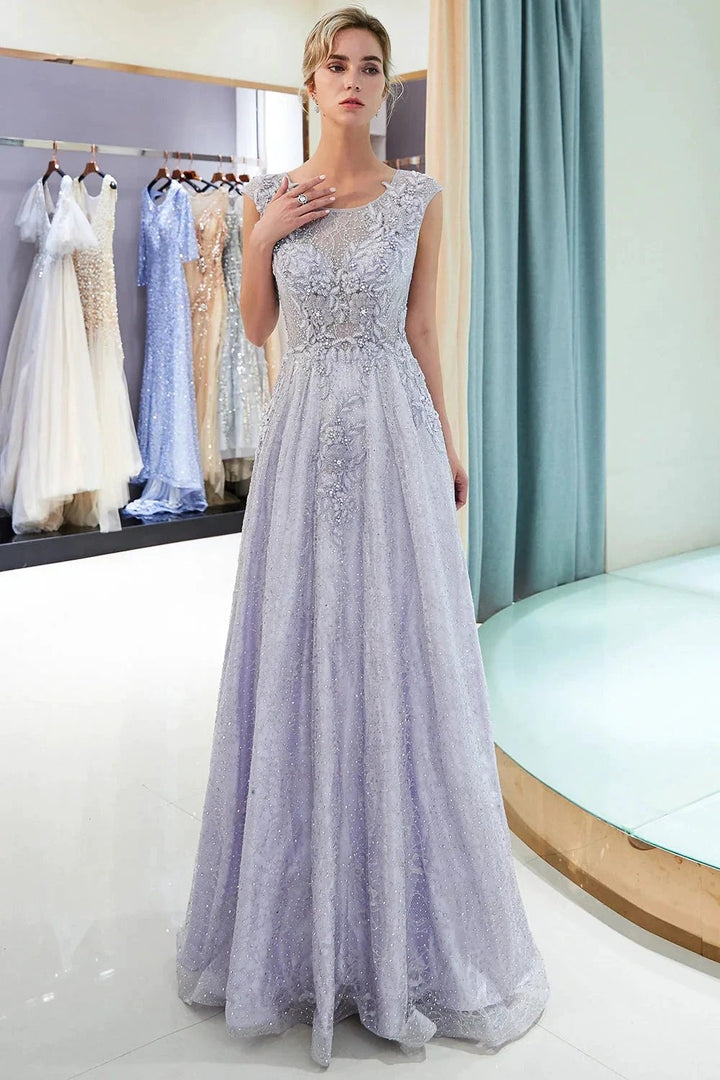Excellent Long A-line Jewel Tulle Lace Evening Dress by BIZTUNNEL