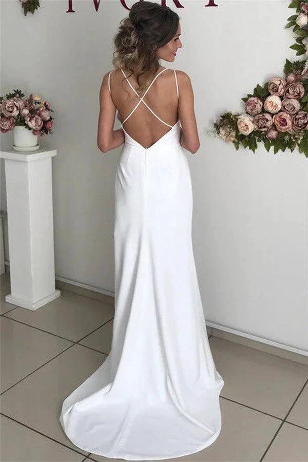 Excellent Long Mermaid Satin White Backless Wedding Dress with Slit by BIZTUNNEL