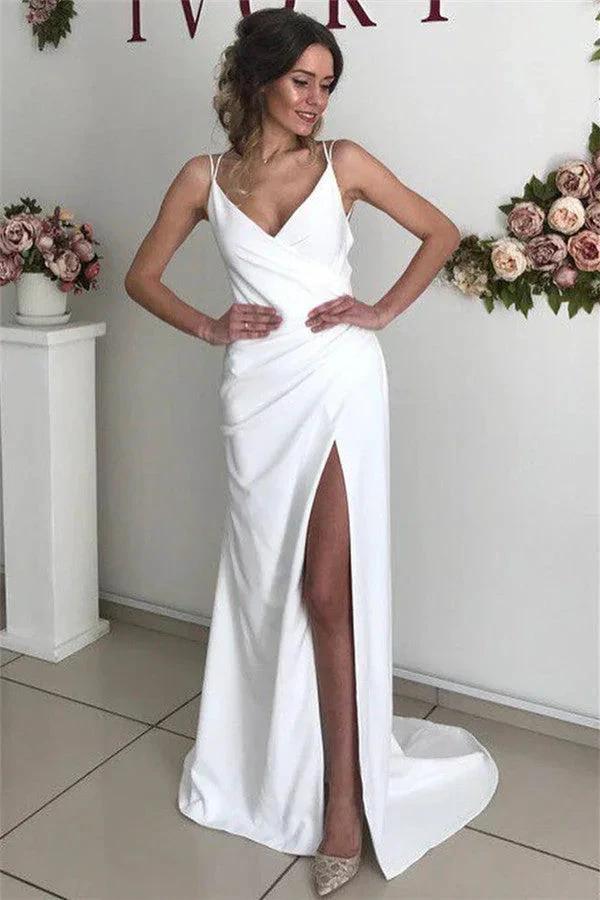 Excellent Long Mermaid Satin White Backless Wedding Dress with Slit by BIZTUNNEL