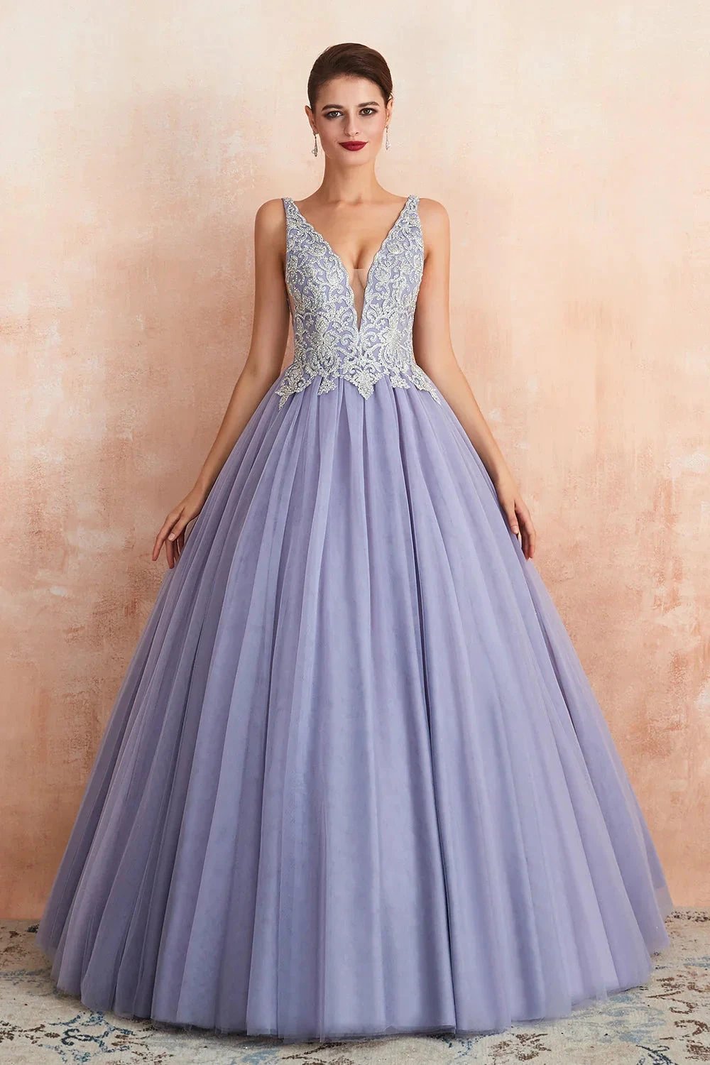 Excellent Long Princess V-neck Sleeveless Tulle Backless Prom Dress by BIZTUNNEL