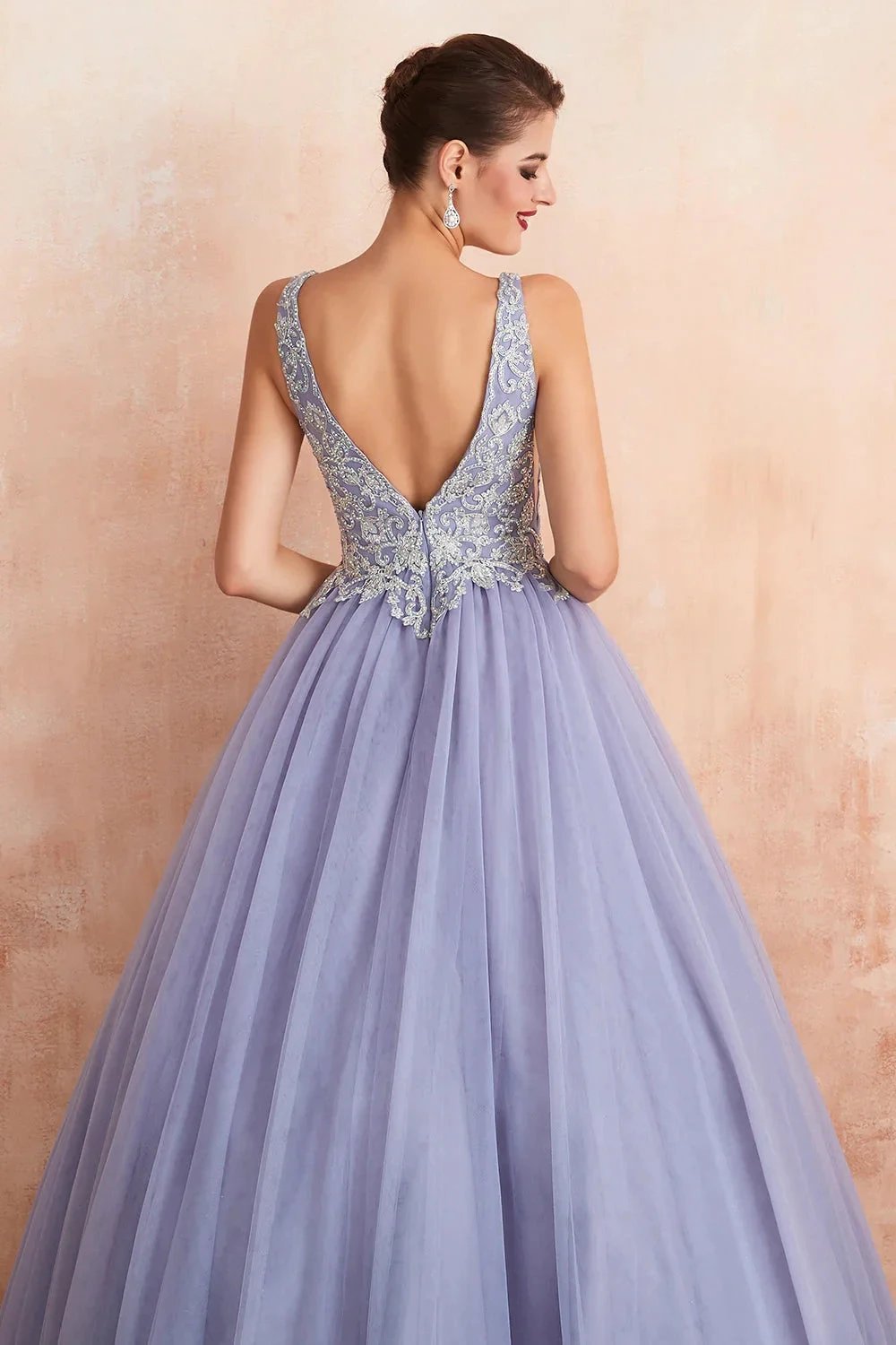 Excellent Long Princess V-neck Sleeveless Tulle Backless Prom Dress by BIZTUNNEL