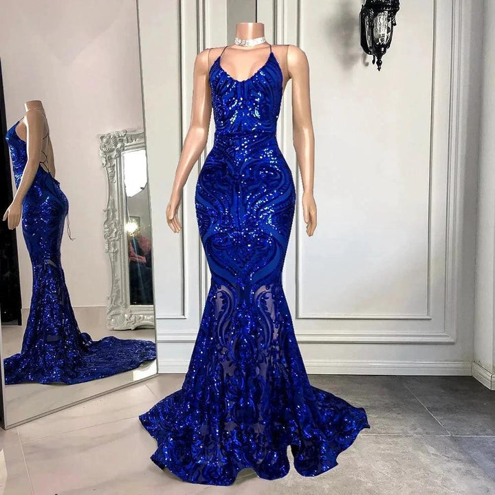 Exquisite Blue Sequins Lace Sleeveless Floor-length Mermaid Prom Dresses by misshow.com