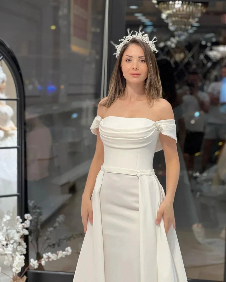 Exquisite Floor Length Off-The-Shoulder A-Line Satin Wedding Dress with Beads by misshow.com