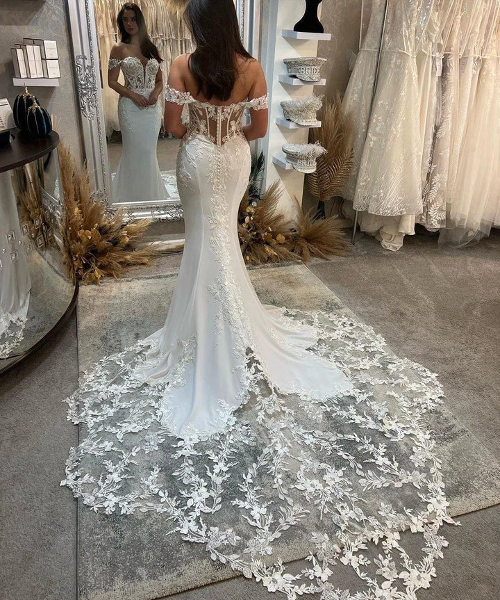 Exquisite Floor Length Sweetheart Sleeveless Off-The-Shoulder Mermaid Lace Wedding Dress by misshow.com