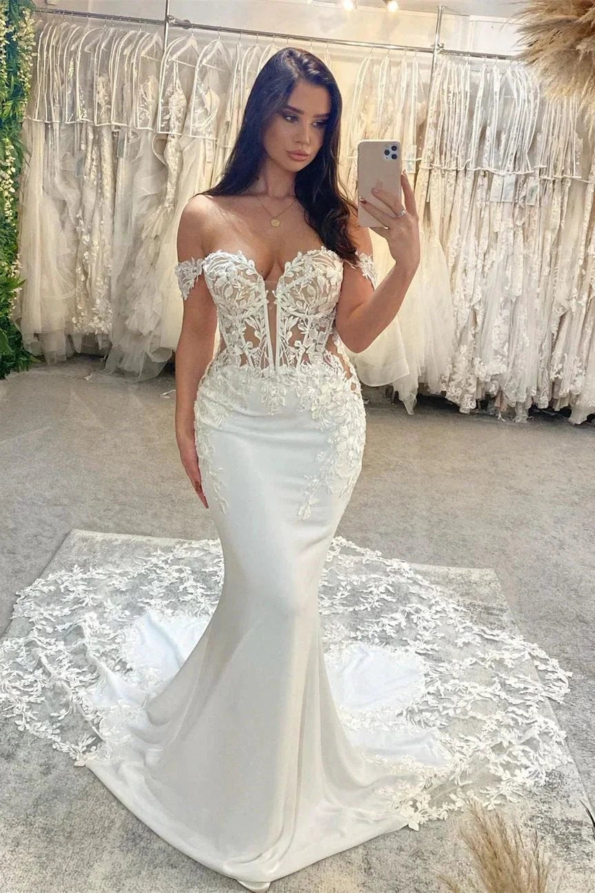Exquisite Floor Length Sweetheart Sleeveless Off-The-Shoulder Mermaid Lace Wedding Dress by misshow.com