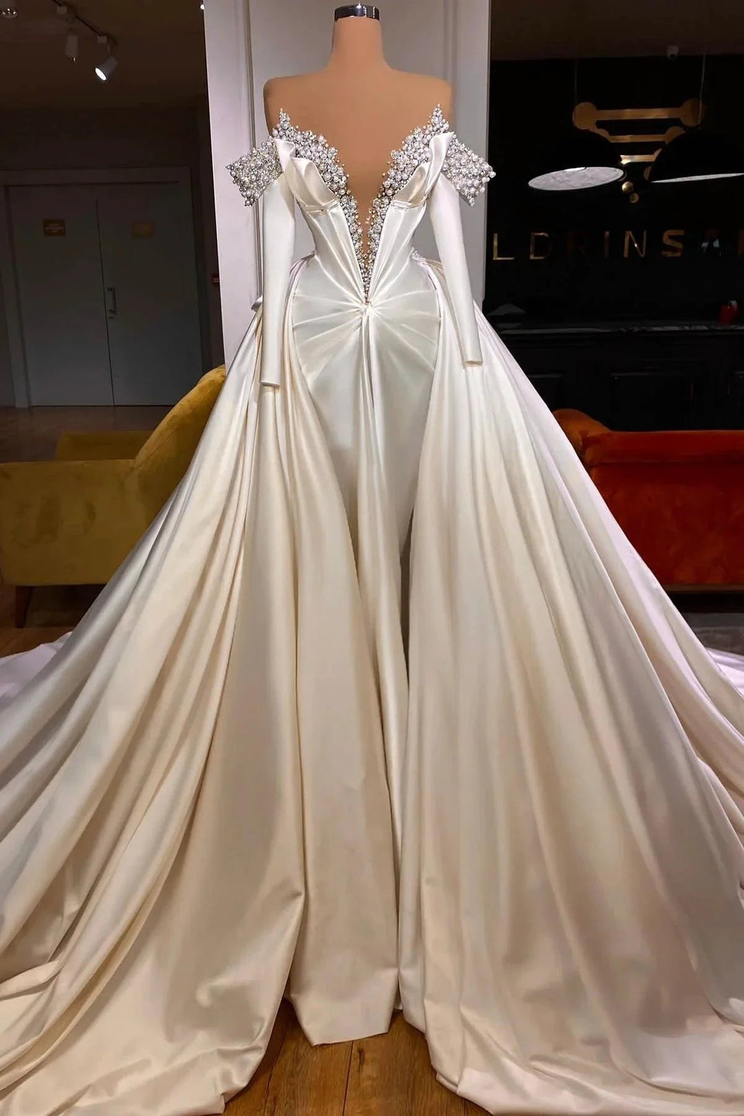 Exquisite Floor Length V-Neck Long Sleeves A-Line Satin Prom Dress with Beads by misshow.com