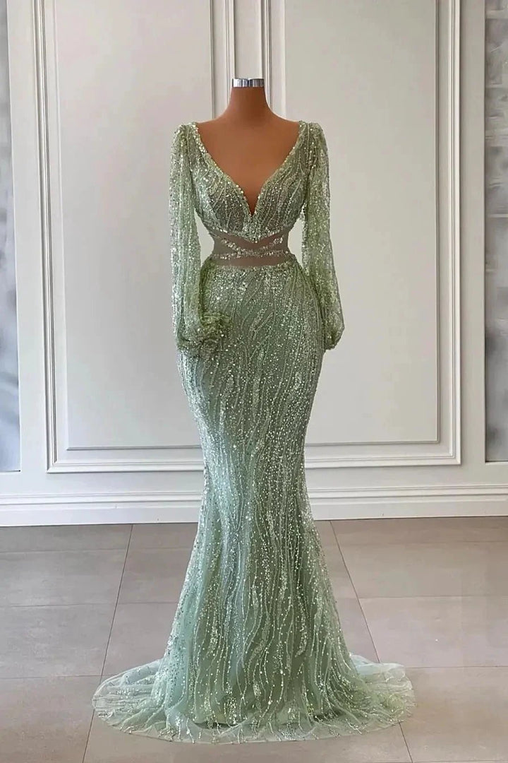 Exquisite Floor Length V-Neck Long Sleeves Mermaid Prom Dress with Sequins by misshow.com
