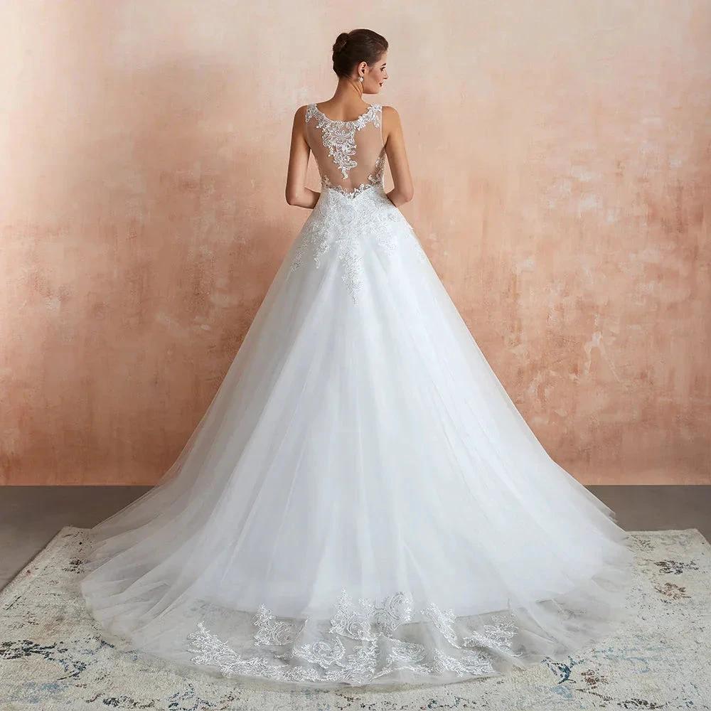 Exquisite Long A-line Appliques Lace Tulle Wedding Dress by BIZTUNNEL