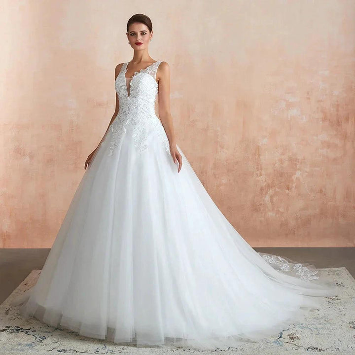 Exquisite Long A-line Appliques Lace Tulle Wedding Dress by BIZTUNNEL