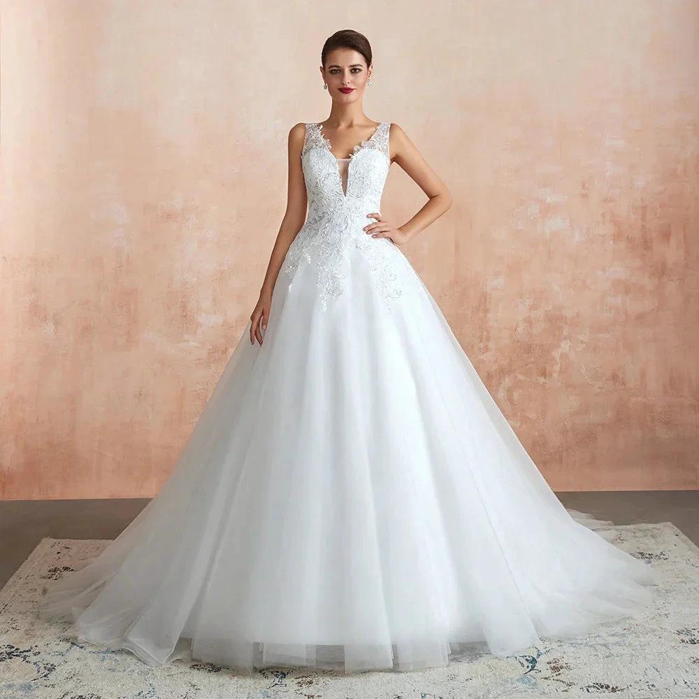 Exquisite Long A-line Appliques Lace Tulle Wedding Dress by BIZTUNNEL