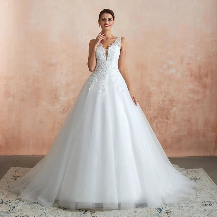 Exquisite Long A-line Appliques Lace Tulle Wedding Dress by BIZTUNNEL