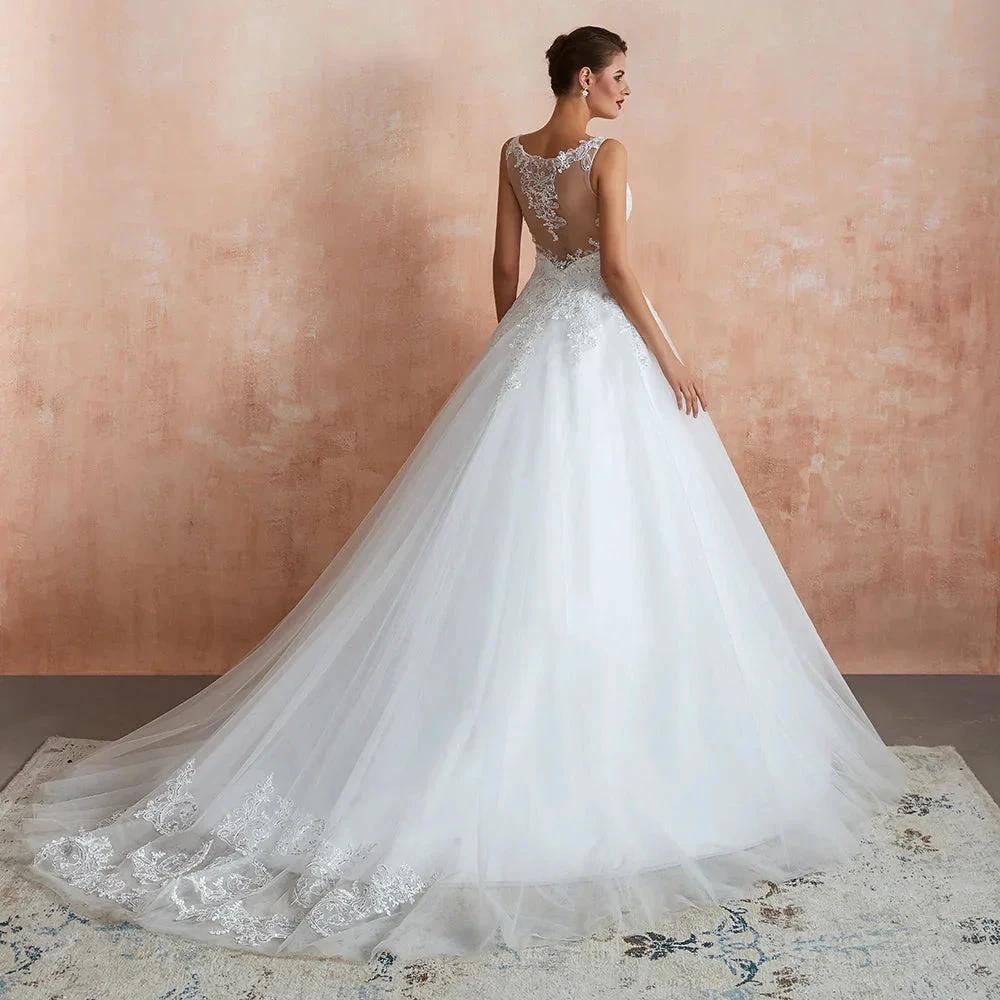 Exquisite Long A-line Appliques Lace Tulle Wedding Dress by BIZTUNNEL