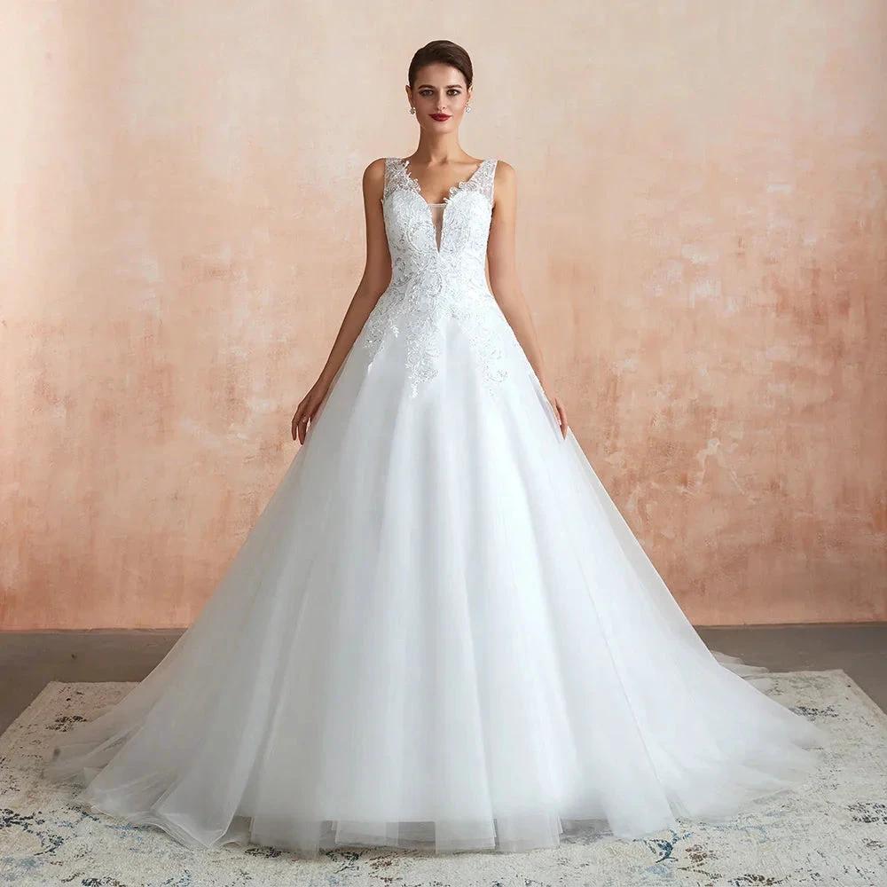 Exquisite Long A-line Appliques Lace Tulle Wedding Dress by BIZTUNNEL