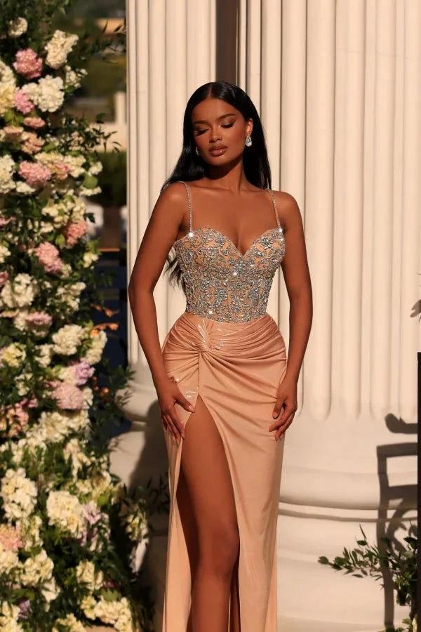Exquisite Long Champagne Column Spaghetti Straps Lace Rhinestones Prom Dress with Slit by misshow.com