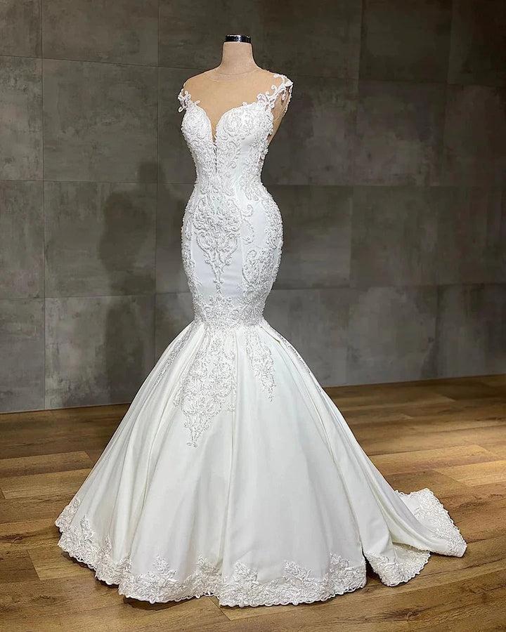Exquisite Long Lace V-neck Sleeveless Mermaid Wedding Dresses by BIZTUNNEL