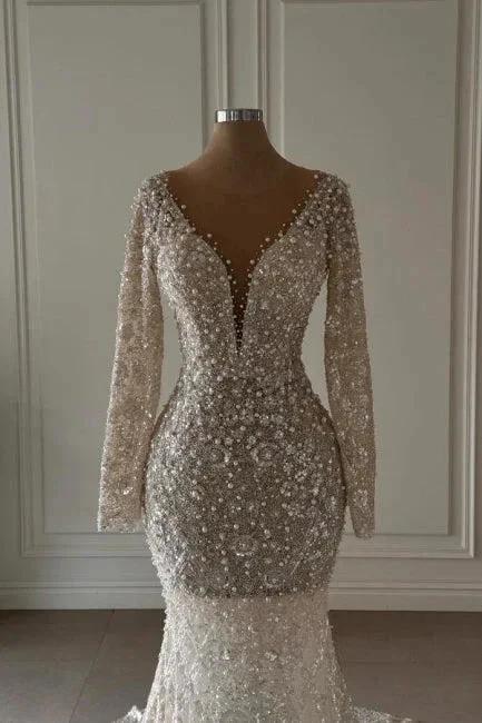 Exquisite Long Mermaid V-neck Lace Long Sleeves Wedding Dress with Pearls by misshow.com