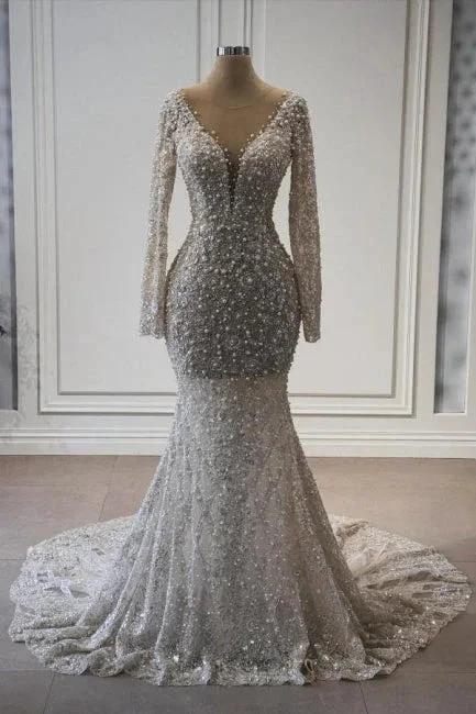 Exquisite Long Mermaid V-neck Lace Long Sleeves Wedding Dress with Pearls by misshow.com