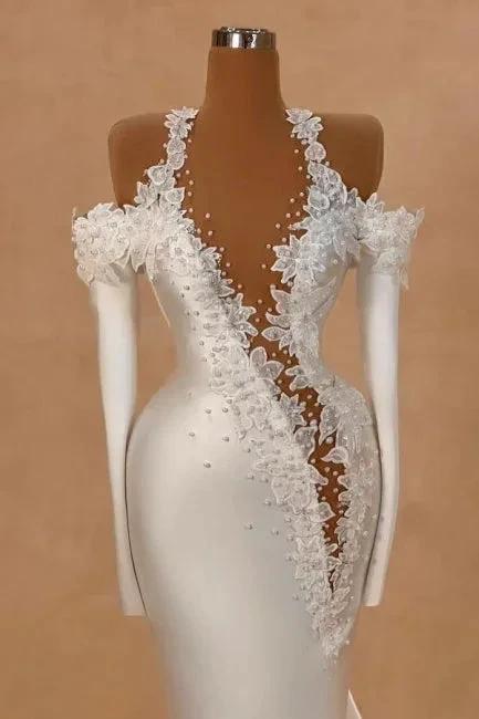 Exquisite Long White Mermaid Straps Satin Long Sleeves Wedding Dress with Pearls by misshow.com
