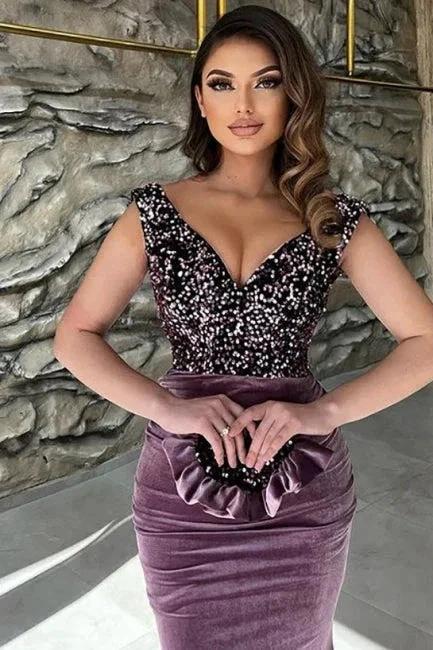Exquisite Purple Sequins V-neck Sleeveless Floor-length Prom Dresses by misshow.com