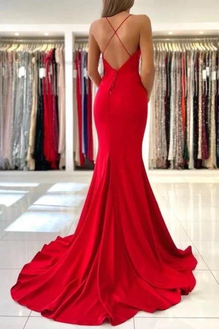 Exquisite Red Spaghetti Straps Sleeveless Mermaid Satin Prom Dresses by misshow.com