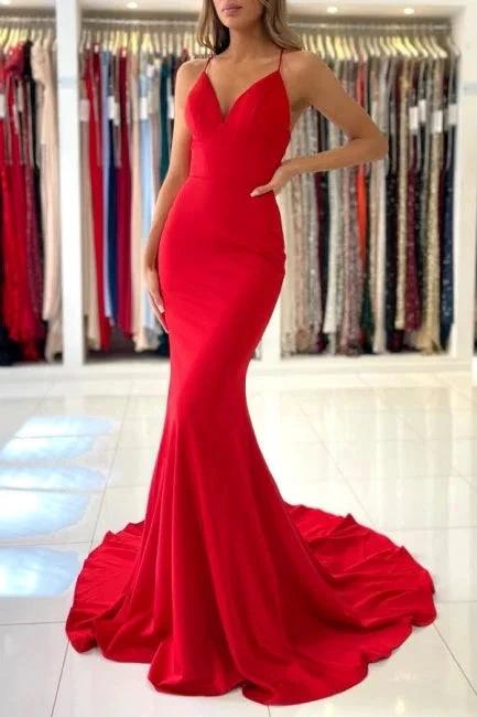 Exquisite Red Spaghetti Straps Sleeveless Mermaid Satin Prom Dresses by misshow.com