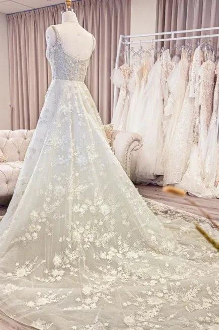 Exquisite Spaghetti Strap Sleeveless A-Line Lace Wedding Dresses with Pattern by misshow.com