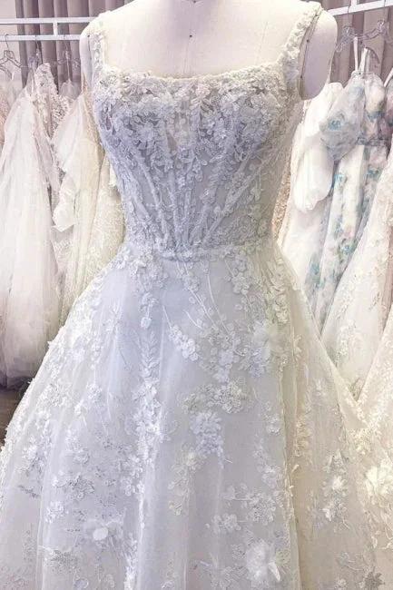 Exquisite Spaghetti Strap Sleeveless A-Line Lace Wedding Dresses with Pattern by misshow.com