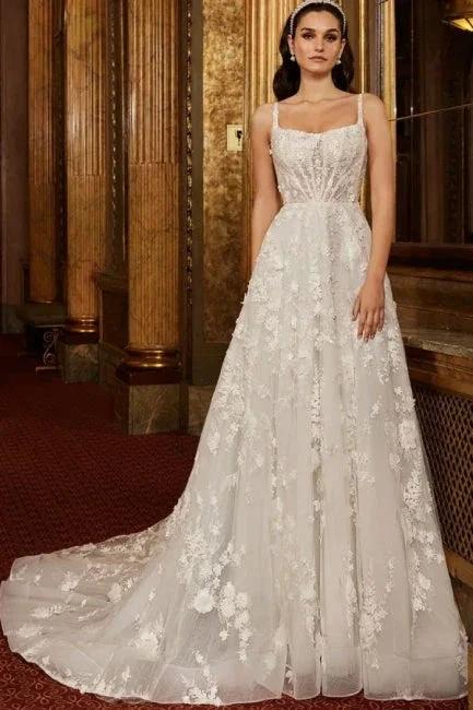 Exquisite Spaghetti Strap Sleeveless A-Line Lace Wedding Dresses with Pattern by misshow.com