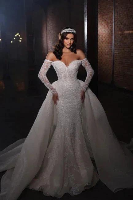 Extravagant A-line Off-the-shoulder Lace Mermaid Wedding Dresses with Sleeves by misshow.com