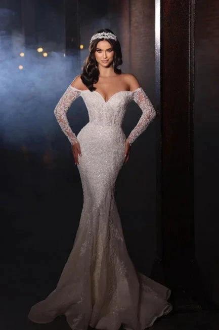 Extravagant A-line Off-the-shoulder Lace Mermaid Wedding Dresses with Sleeves by misshow.com
