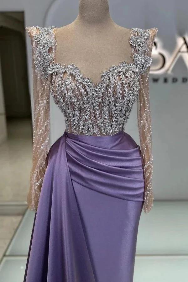 Extravagant Long Purple Beading Lace Sequined Prom Dress with Long Sleeves by misshow.com