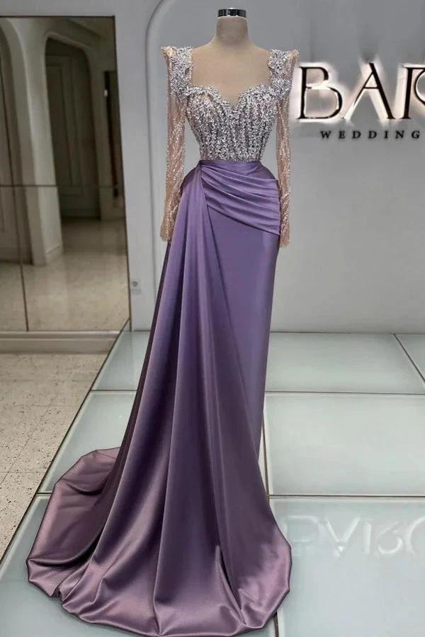 Extravagant Long Purple Beading Lace Sequined Prom Dress with Long Sleeves by misshow.com