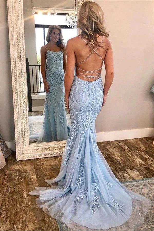 Eye-catching Long Mermaid Spaghetti Straps Open Back Lace Prom Dress by BIZTUNNEL