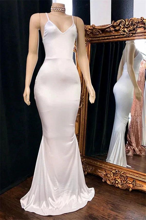 Eye-catching Long Mermaid Spaghetti Straps V-neck White Prom Dress by BIZTUNNEL