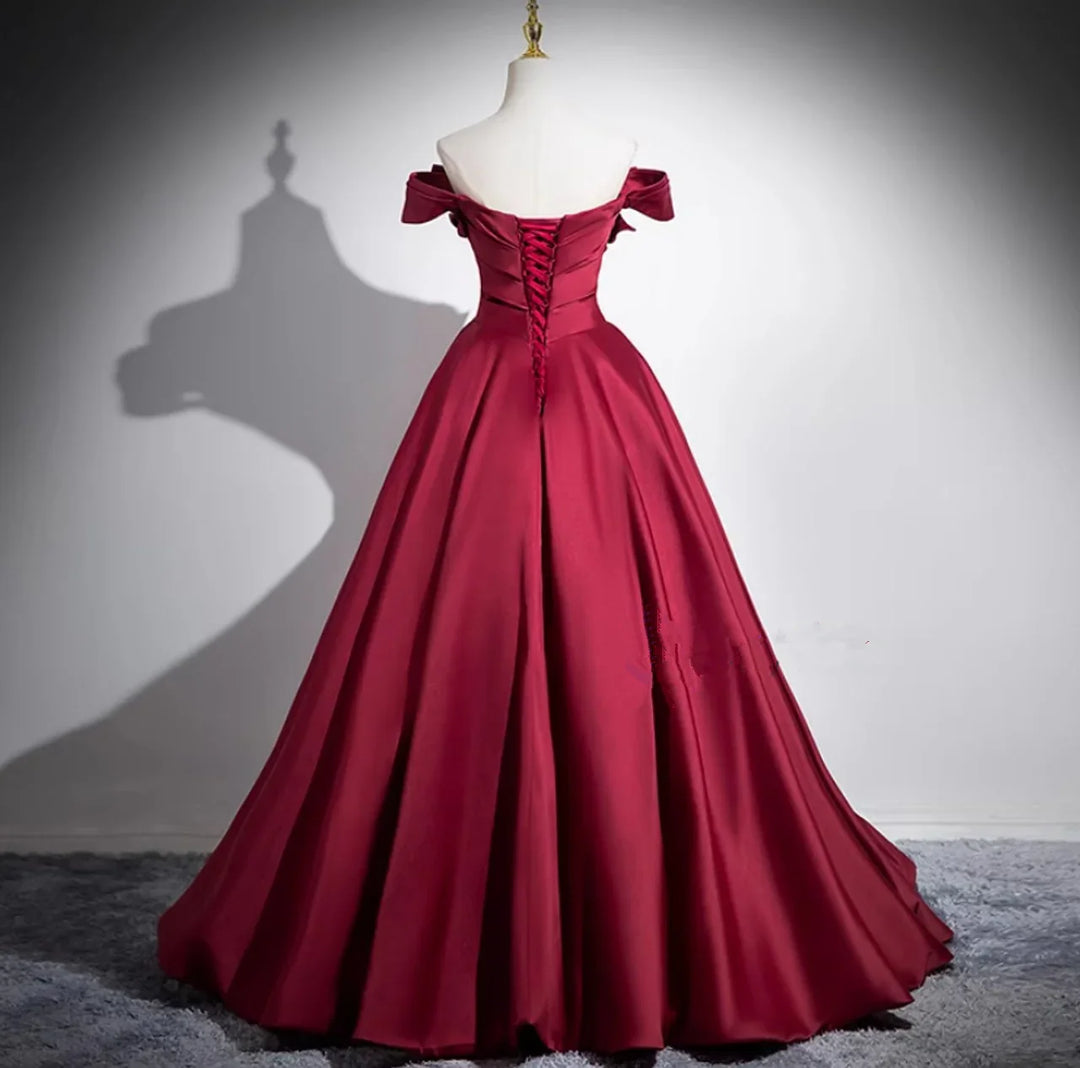 Fashion Burgundy Satin Pleats Prom Dress A Line Elegant Ball Gown Y7661 by simplepromdress