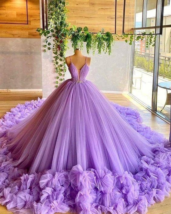 Spaghetti Straps Lavender Beading Bodice Tulle Ball Gown with Handmade Flowers Y97 by simplepromdress